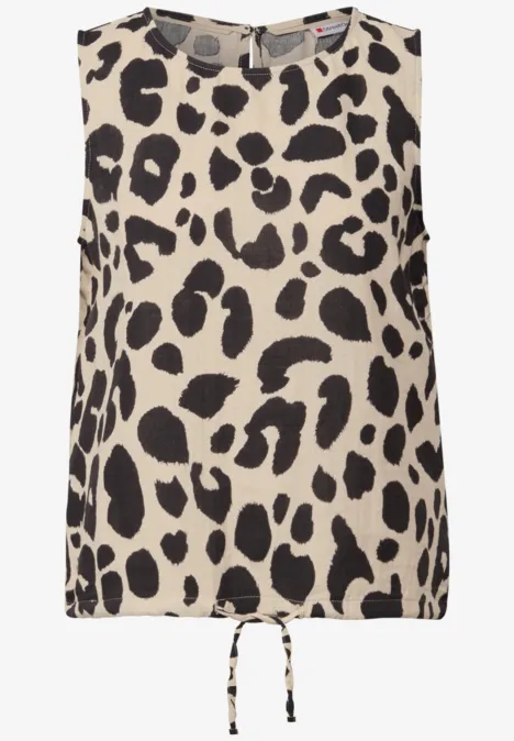 Ärmelloses Top mit Leopardenmuster in Schwarz und Beige.